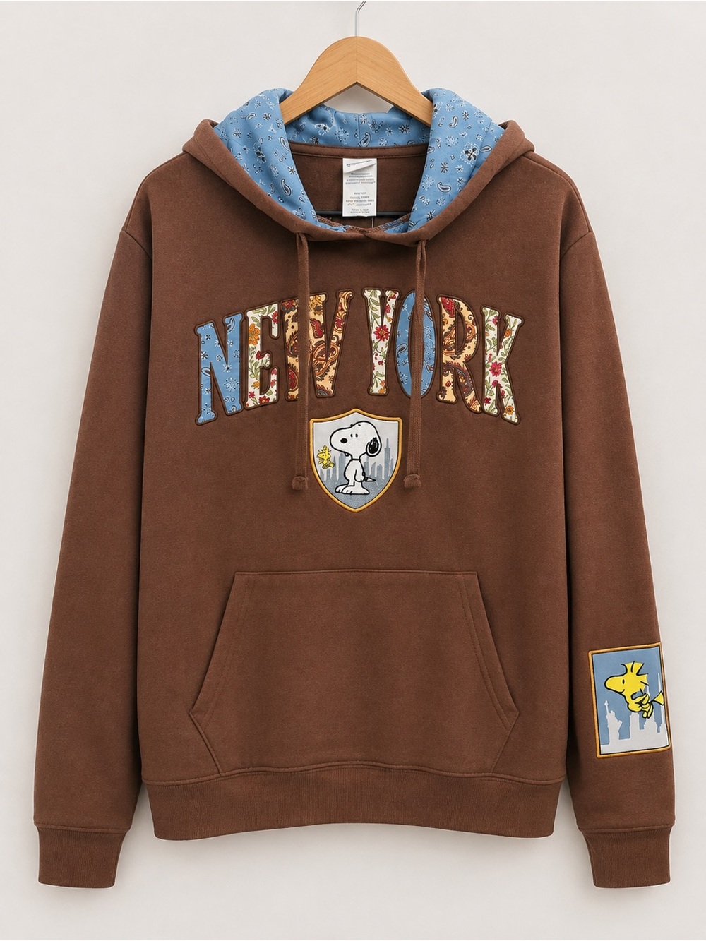Peanuts Snoopy New York Brown Hoodie Oversized Paisley Patchwork Pullover NWT